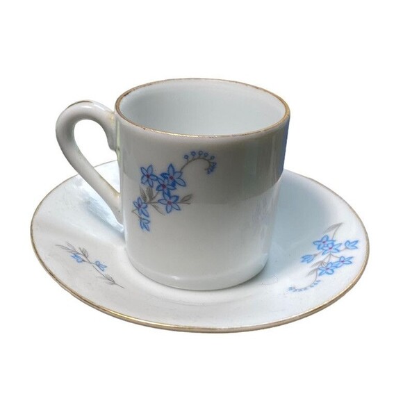 Vintage Tea Cup & Saucer Limoges Demitasse Porcelain Blue Floral Pattern - Picture 1 of 7